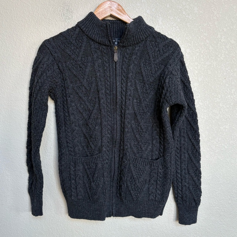 Irish Store 100% Merino Wool Gray Cable Knit Zip Sweater Women’s Small Classic